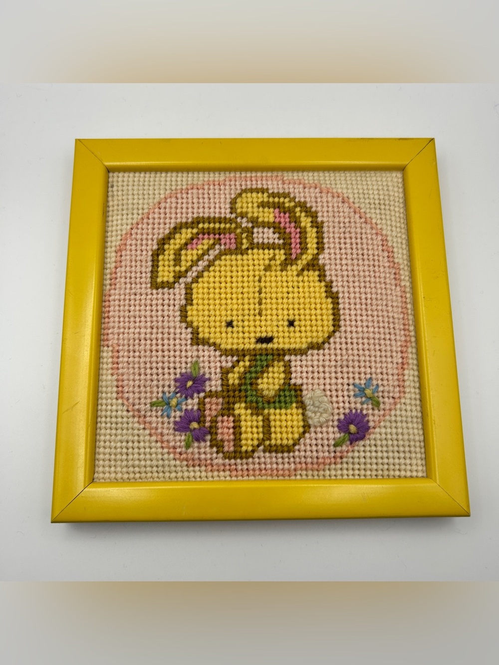 Vintage Cross Stitch Needlepoint Nursery Art Yellow Bunny Small Wood Frame